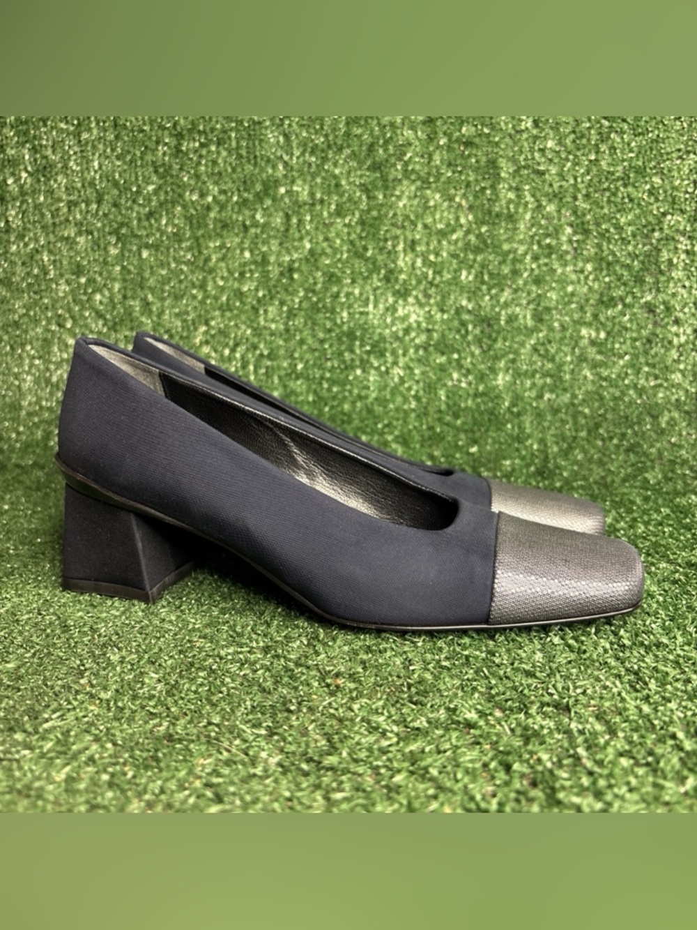 Sesto Meucci Navy Blue Nylon Silver Square Toe Low Heel Pumps Black Size 7.5 M‎